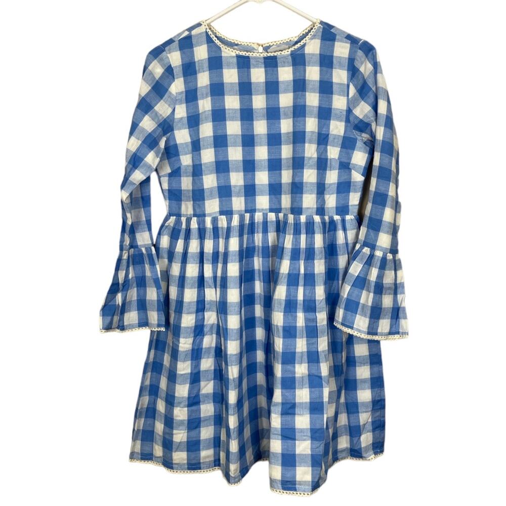 NEW Ella Gray Long Sleeve Gingham Dress Blue White Lined Back Zip Women's Small